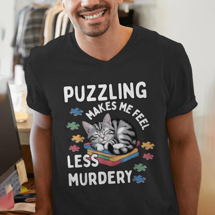 Puzzling Makes Me Feel Less Murdery Introvert Puzzle Cat Men's V-Neck T-Shirt