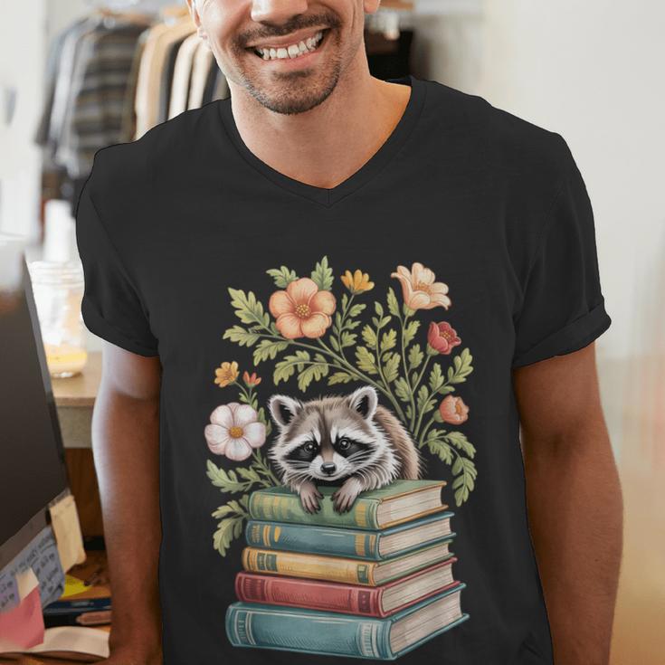 Raccoon Books Reading Flowers Men's V-Neck T-Shirt Raccoon Books Reading Flowers Men's V-Neck T-Shirt