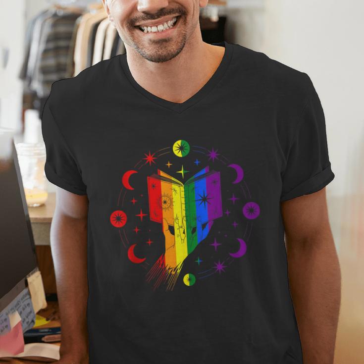 Rainbow Book With Stars And Moon Phases Gay Pride LGBT Men's V-Neck T-Shirt Rainbow Book With Stars And Moon Phases Gay Pride LGBT Men's V-Neck T-Shirt