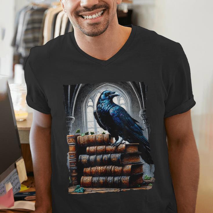 Raven On A Stack Of Books Wisdom Of Odin Men's V-Neck T-Shirt