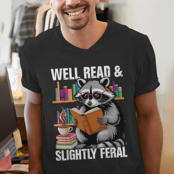Well Read & Slightly Feral Raccoon Book Lover Graphic Men's V-Neck T-Shirt