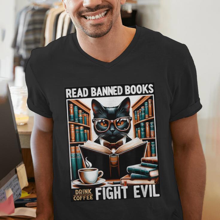 Read Banned Books Drink Coffee Fight Evil Book Reader Lovers Men's V-Neck T-Shirt