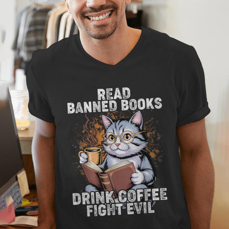 Read Banned Books Drink Coffee Fight Evil Cat Men's V-Neck T-Shirt