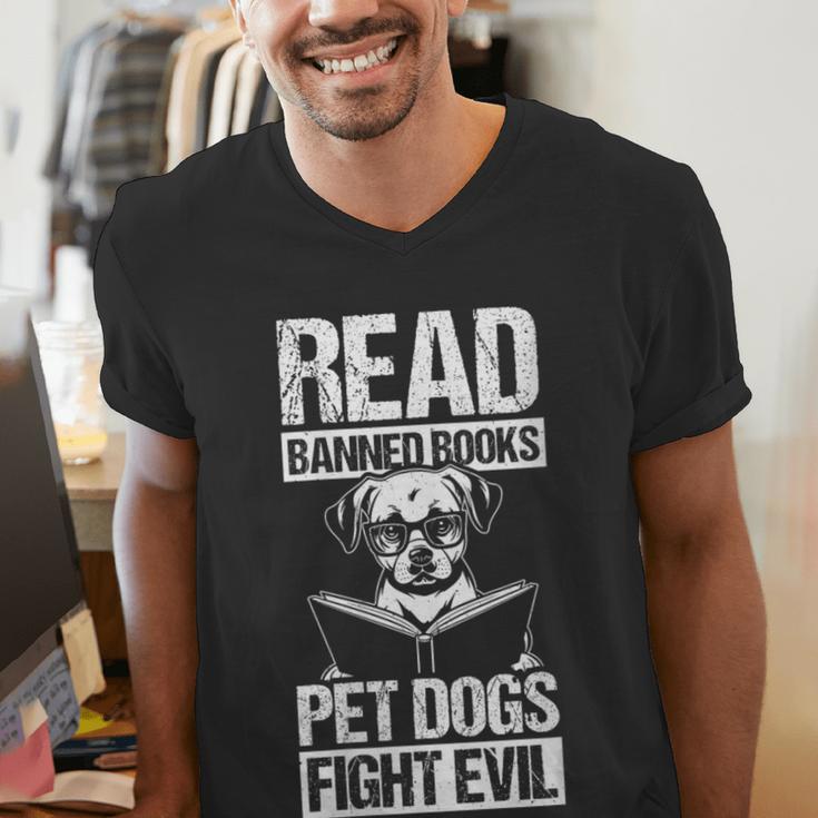 Read Banned Books PET DOGS FIGHT EVIL Read Banned Books Dog Men's V-Neck T-Shirt