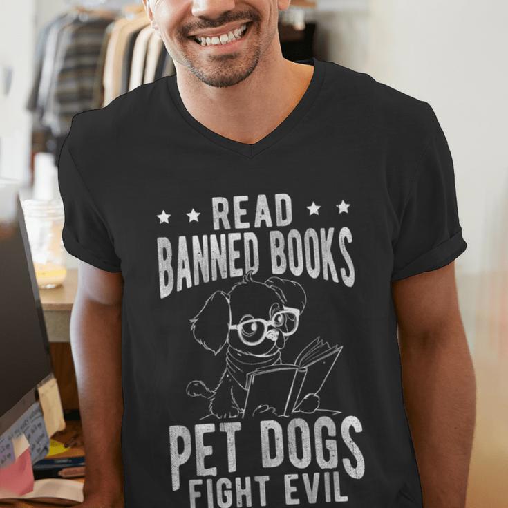 Read Banned Books PET DOGS FIGHT EVIL Read Books Reader Men's V-Neck T-Shirt