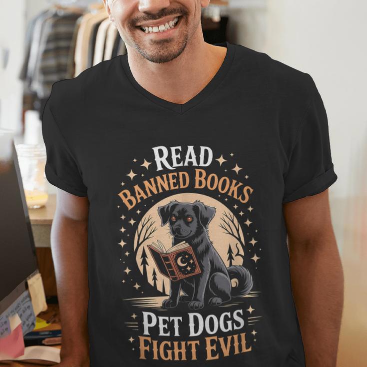 Read Banned Books PET DOGS FIGHT EVIL Read Books Reading Men's V-Neck T-Shirt
