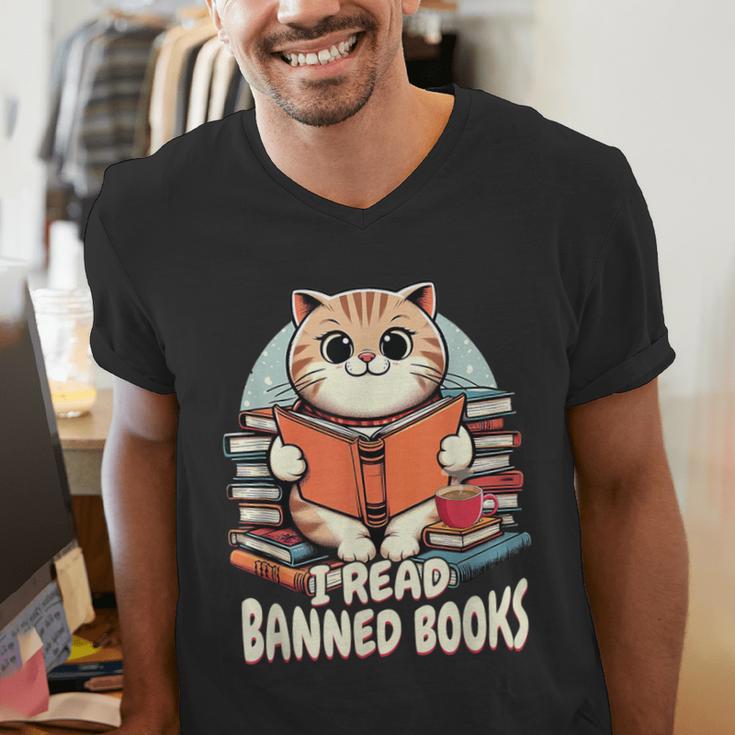 I Read Banned Books Shirt Cat Lover Bookworm Reader Men Women Kids Men's V-Neck T-Shirt