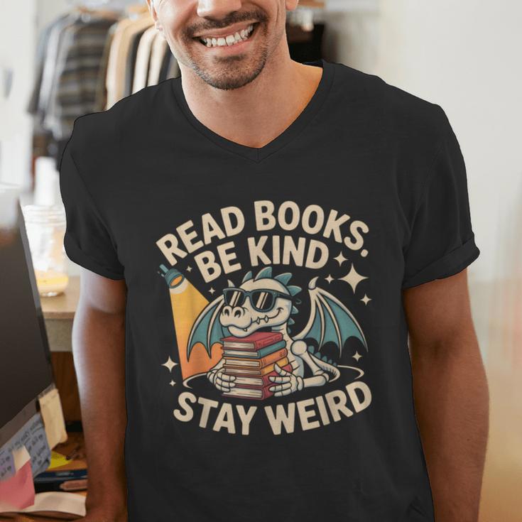 Read Books Be Kind Stay Weird Book Dragon Skeleton Reading Men's V-Neck T-Shirt Read Books Be Kind Stay Weird Book Dragon Skeleton Reading Men's V-Neck T-Shirt