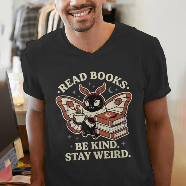 Read Books Be Kind Stay Weird Moth Coffee Lover Reading Men's V-Neck T-Shirt Read Books Be Kind Stay Weird Moth Coffee Lover Reading Men's V-Neck T-Shirt