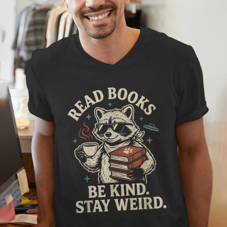 Read Books Be Kind Stay Weird Raccoon Coffee Lover Reading Men's V-Neck T-Shirt