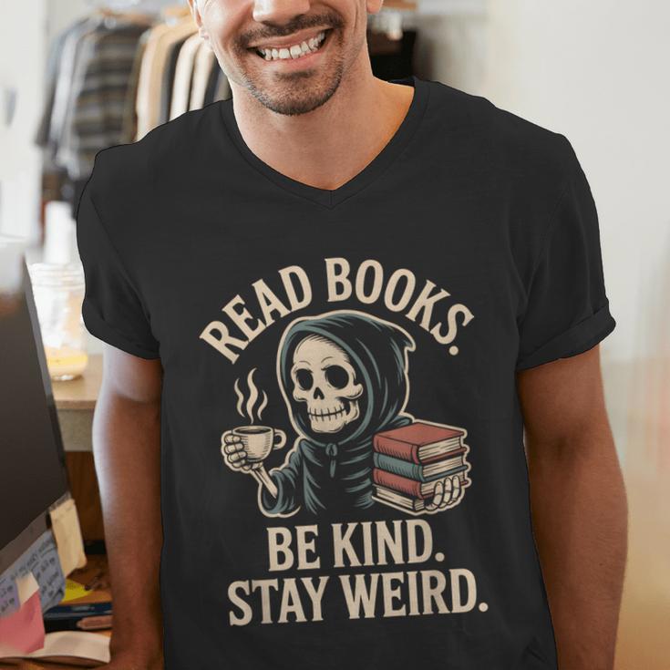 Read Books Be Kind Stay Weird Skeleton Grim Reaper Reading Men's V-Neck T-Shirt