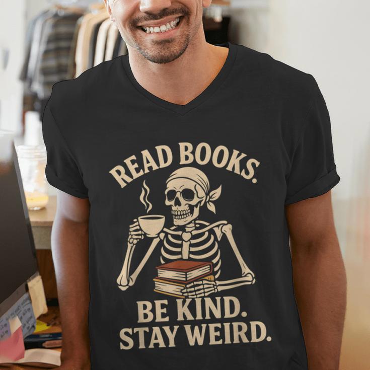 Read Books Be Kind Stay Weird Skeleton Reading Coffee Goth Men's V-Neck T-Shirt
