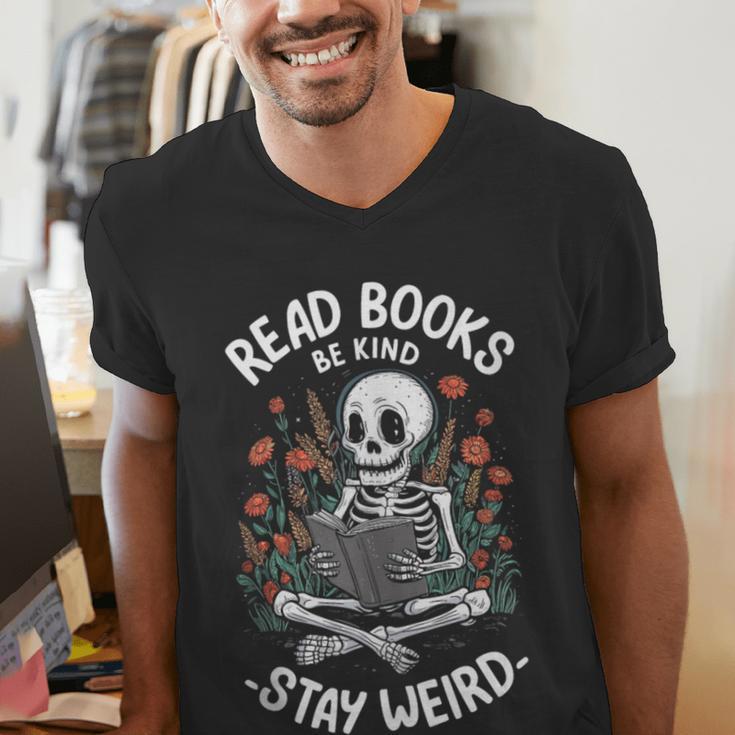 Read Books Be Kind Stay Weird Skeleton Reading Goth Flower Men's V-Neck T-Shirt Read Books Be Kind Stay Weird Skeleton Reading Goth Flower Men's V-Neck T-Shirt