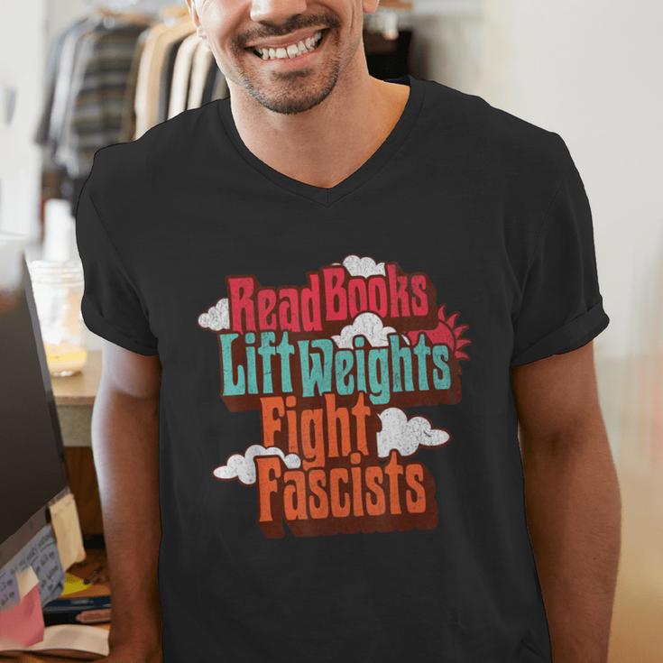 Read Books Lift Weights Fight Fascists Reading No Kings Men's V-Neck T-Shirt