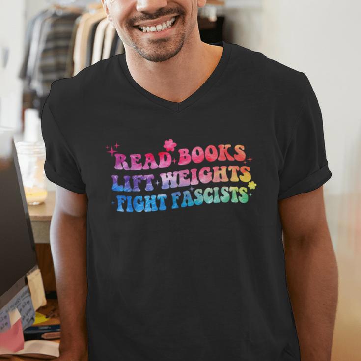 Read Books Lift Weights Fight Fascists Tie Dye Men Women Men's V-Neck T-Shirt