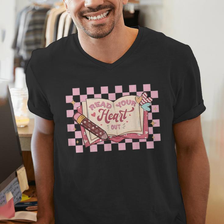 Read Your Heart Out Valentine Reading Book Teacher Student Men's V-Neck T-Shirt Read Your Heart Out Valentine Reading Book Teacher Student Men's V-Neck T-Shirt