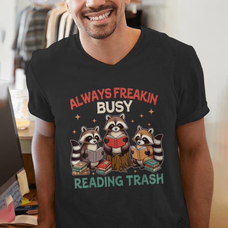 Reading Book Lover Racoon Always Freakin Busy Reading Trash Men's V-Neck T-Shirt