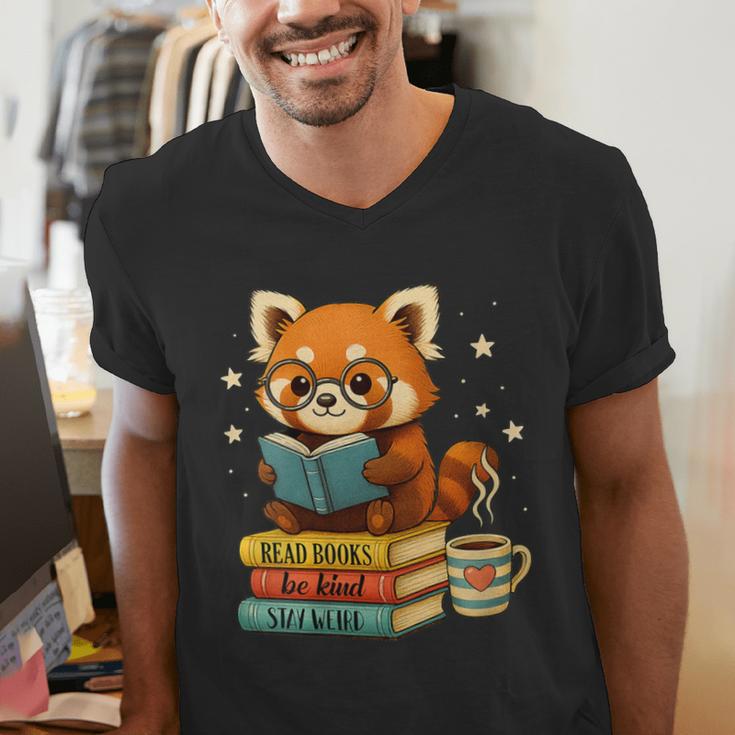Reading Book Lover Red Panda Read Books Be Kind Stays Weird Men's V-Neck T-Shirt Reading Book Lover Red Panda Read Books Be Kind Stays Weird Men's V-Neck T-Shirt