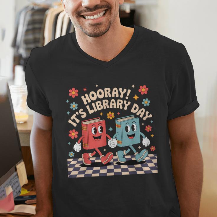 Reading Book Lover School Librarian Hooray It's Library Day Men's V-Neck T-Shirt Reading Book Lover School Librarian Hooray It's Library Day Men's V-Neck T-Shirt