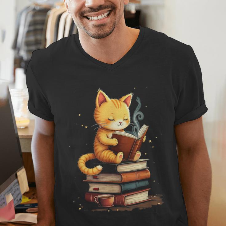 Reading Cat Books Cute Men's V-Neck T-Shirt Reading Cat Books Cute Men's V-Neck T-Shirt