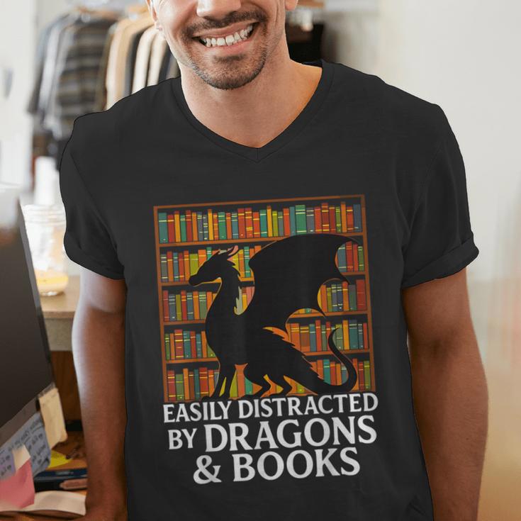 Reading Dragon Easily Distracted By Dragons And Books Men's V-Neck T-Shirt Reading Dragon Easily Distracted By Dragons And Books Men's V-Neck T-Shirt