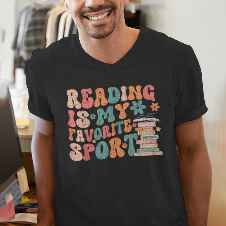 Reading Is My Favorite Sport Retro Groovy Book Lovers Men's V-Neck T-Shirt