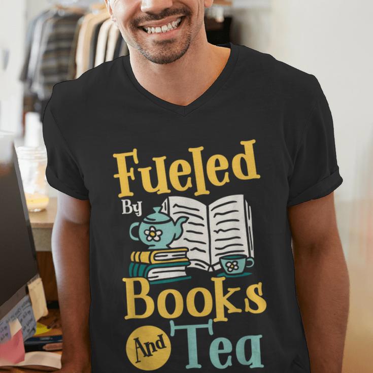 Reading Hobby Bookshelves Library Fueled By Books And Tea Men's V-Neck T-Shirt