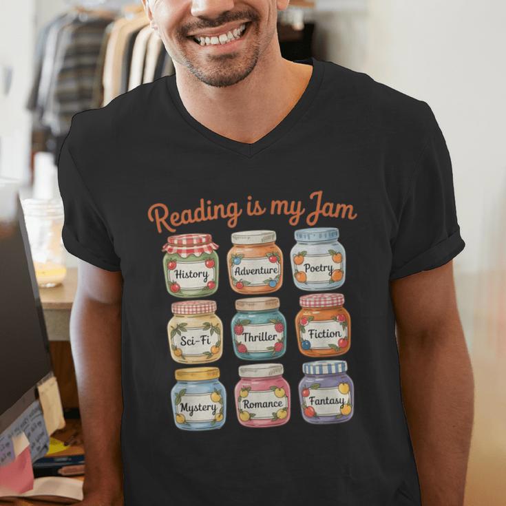Reading Is My Jam Cute Jelly Jars Book Genres Men's V-Neck T-Shirt