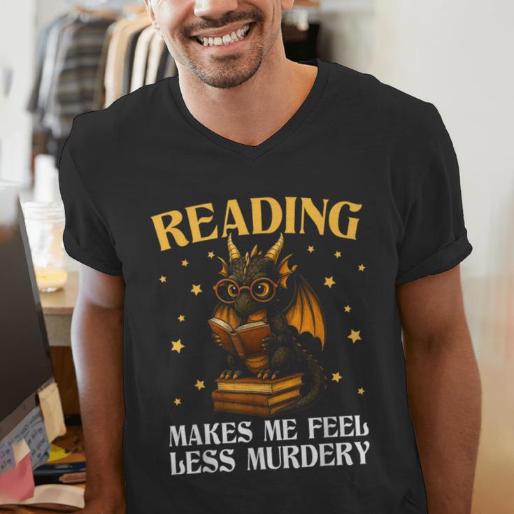 Reading Makes Me Feel Less Murdery Book Dragon Men's V-Neck T-Shirt