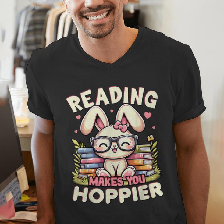Reading Makes You Hoppier Bunny Book Fans Toddler Kid Men's V-Neck T-Shirt Reading Makes You Hoppier Bunny Book Fans Toddler Kid Men's V-Neck T-Shirt