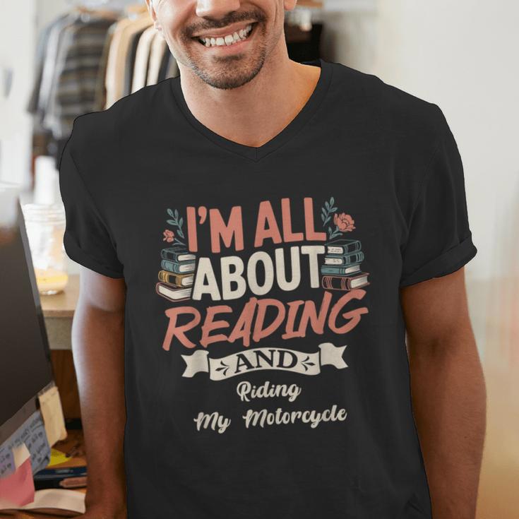 Reading And Motorcycle Life For Bikers Who Love Books Men's V-Neck T-Shirt Reading And Motorcycle Life For Bikers Who Love Books Men's V-Neck T-Shirt