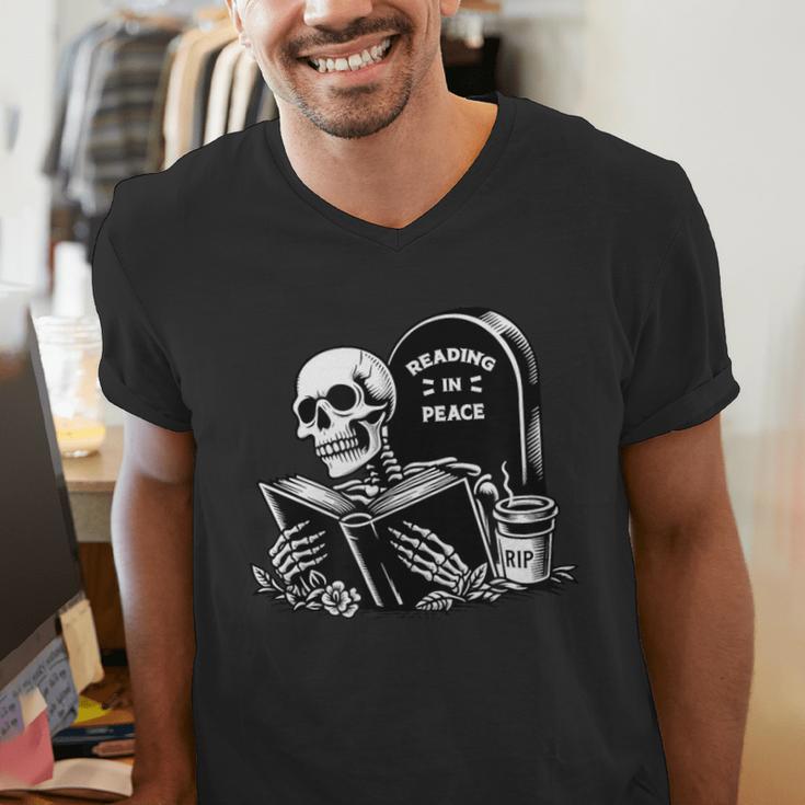 READING IN PEACE RIP Introvert Skeleton Read Book Meme Men's V-Neck T-Shirt