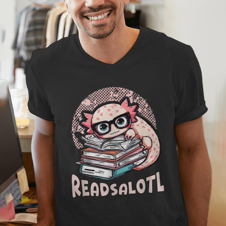 Readsalotl Axolotl Reading Books Glasses Bookworm Pun Fun Men's V-Neck T-Shirt