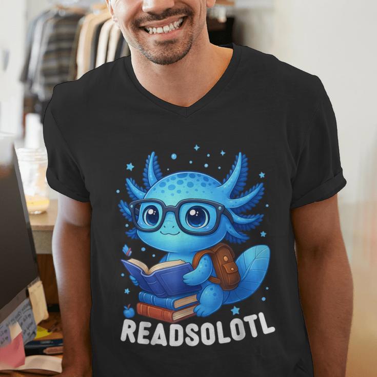 Readsolotl Blue Kawaii Axolotl Book Lover Reading Men's V-Neck T-Shirt Readsolotl Blue Kawaii Axolotl Book Lover Reading Men's V-Neck T-Shirt
