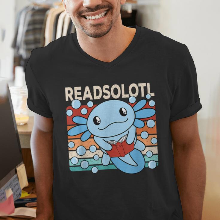 Readsolotl Blue Kawaii Axolotl Book Lover Reading Retro Men's V-Neck T-Shirt