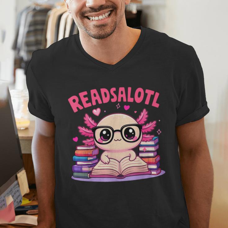 Readsolotl Pink Kawaii Axolotl Book Lover Reading Men's V-Neck T-Shirt