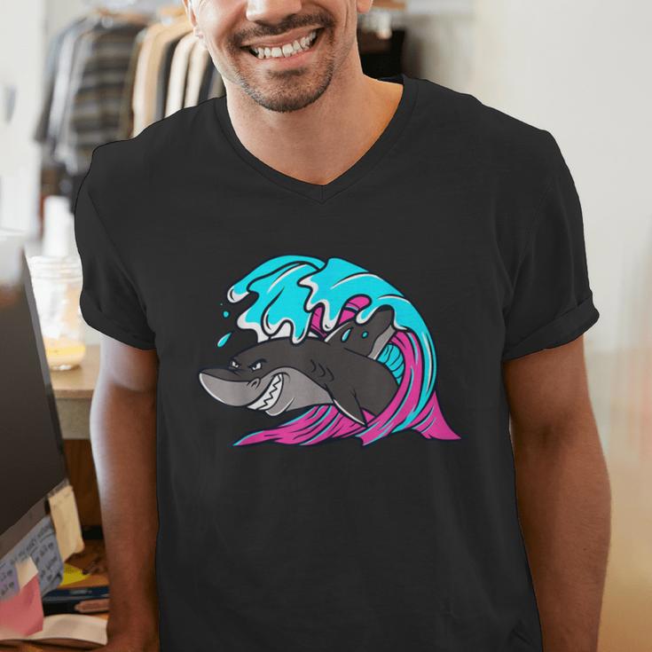 Retro 80s Shark Whale Diving Nostalgia Shark Party Men's V-Neck T-Shirt Retro 80s Shark Whale Diving Nostalgia Shark Party Men's V-Neck T-Shirt