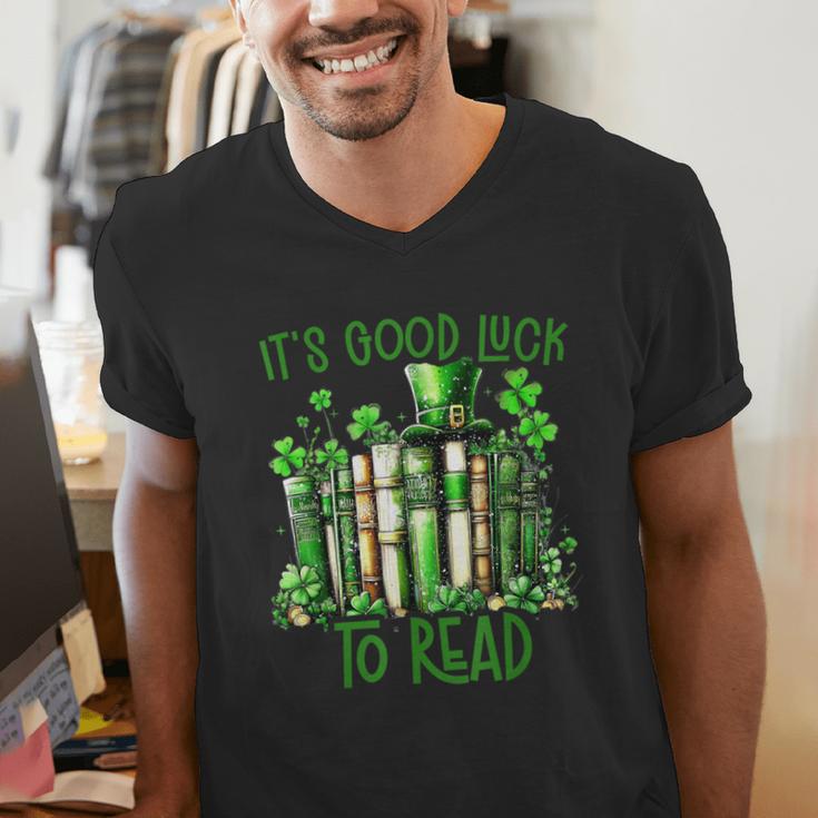 Retro Book Lucky Reading Teacher St Patrick's Day -Adults Small Cotton Blend Polyester Blend Short Sleeve Men's V-Neck T-Shirt