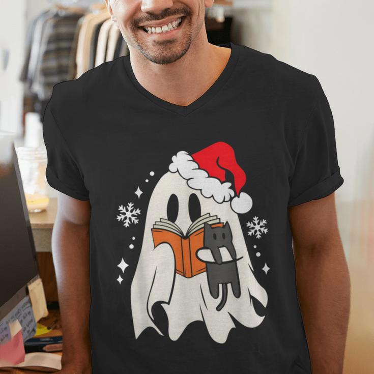 Retro Ghost Reading Book With Cat Bookish Club Christmas Men Women Kids Men's V-Neck T-Shirt