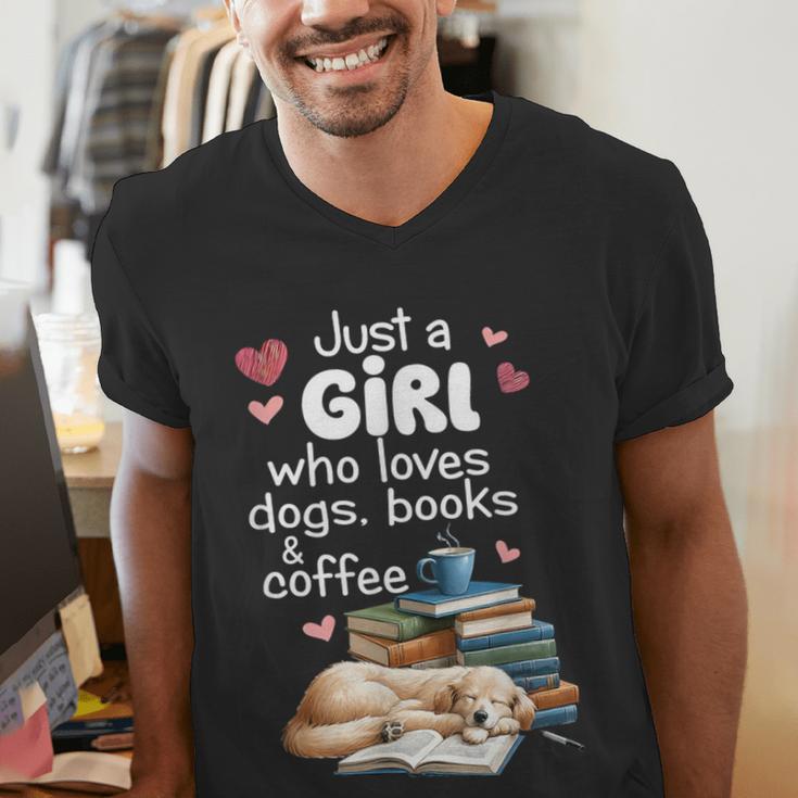 Retro Just A Girl Who Love Dogs Books And Coffee Bookworm Men's V-Neck T-Shirt