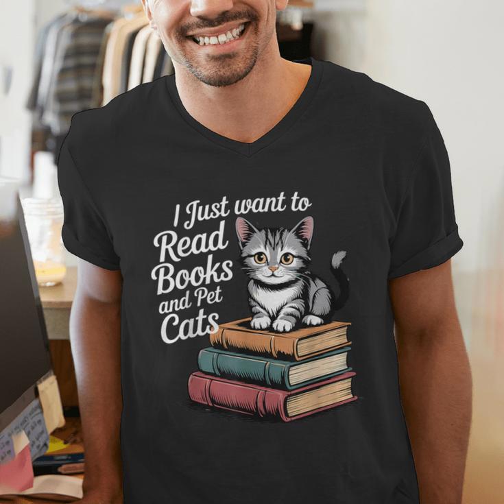 Retro I Just Want To Read Books And Pet Cats Cat For Men Women Kids Men's V-Neck T-Shirt