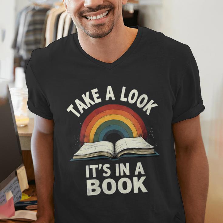 Retro Rainbow Take A Look It's In A Book Reading Men's V-Neck T-Shirt Retro Rainbow Take A Look It's In A Book Reading Men's V-Neck T-Shirt