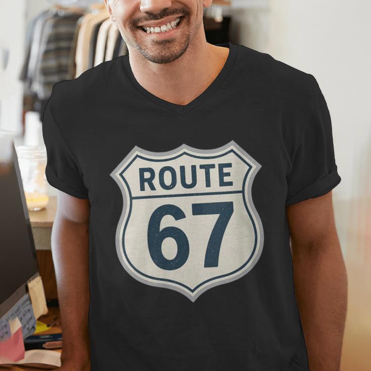 Retro Route 67 Highway Sign Vintage Road Nostalgia Men's V-Neck T-Shirt Retro Route 67 Highway Sign Vintage Road Nostalgia Men's V-Neck T-Shirt