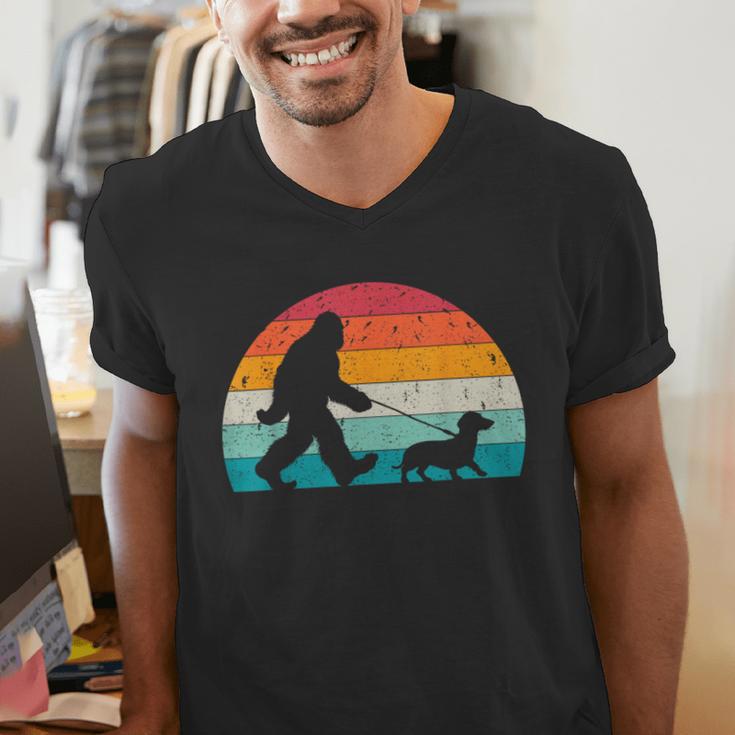 Retro Sasquatch Lover Doxie Wiener Dog Walker Bigfoot Walking a Dog Dachshund Weiner Dog Dad Weenie Small Men's V-Neck T-Shirt