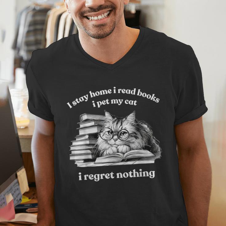 Retro I Stay Home I Read Books I Pet My Cat I Regret Nothing Men's V-Neck T-Shirt