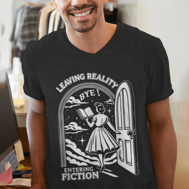 Retro Trendy Bookish Book Lover Reading Quotes Leaving Reality Entering Fiction -Adults Small Short Sleeve T-Shirt Men's V-Neck T-Shirt