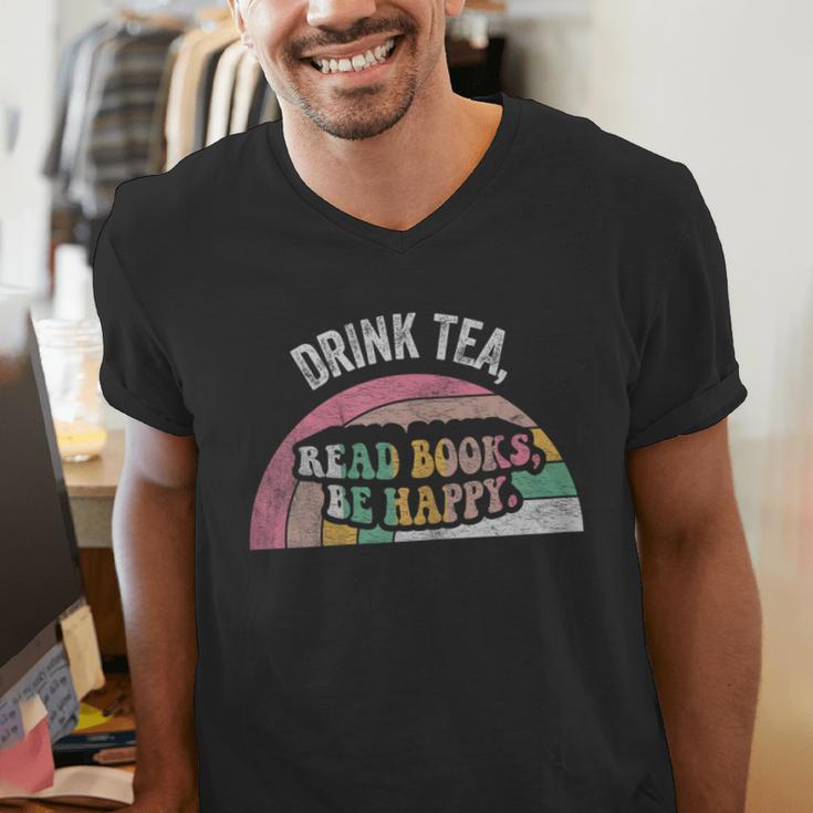 Retro Vintage Drink Tea Read Books Be Happy Reading Men's V-Neck T-Shirt