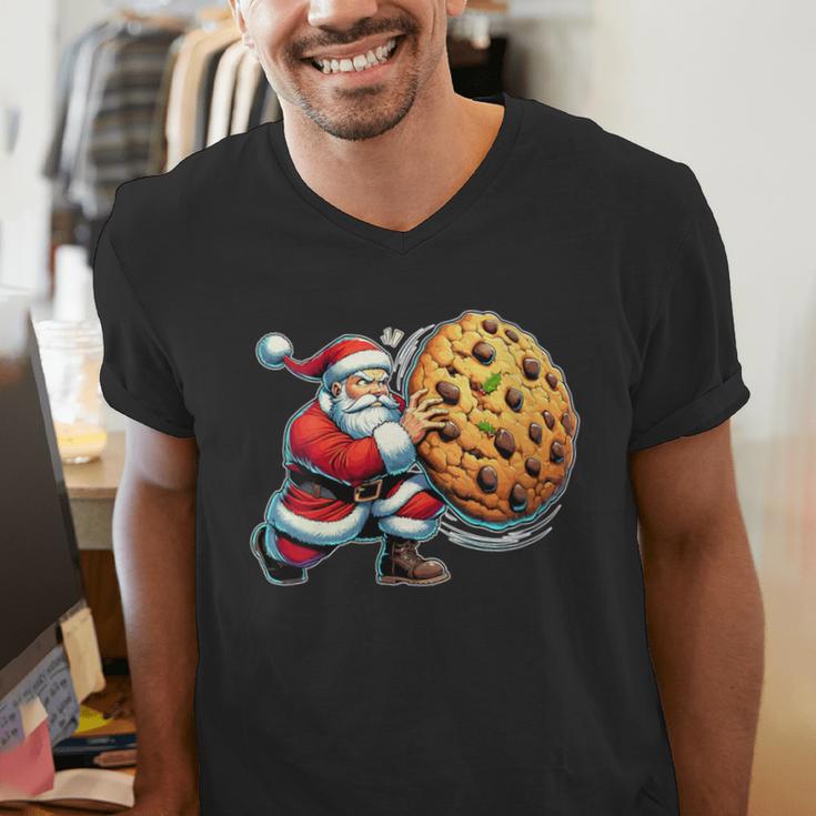 Santa Holding Cookie Xmas Baker Introvert Christmas Men's V-Neck T-Shirt