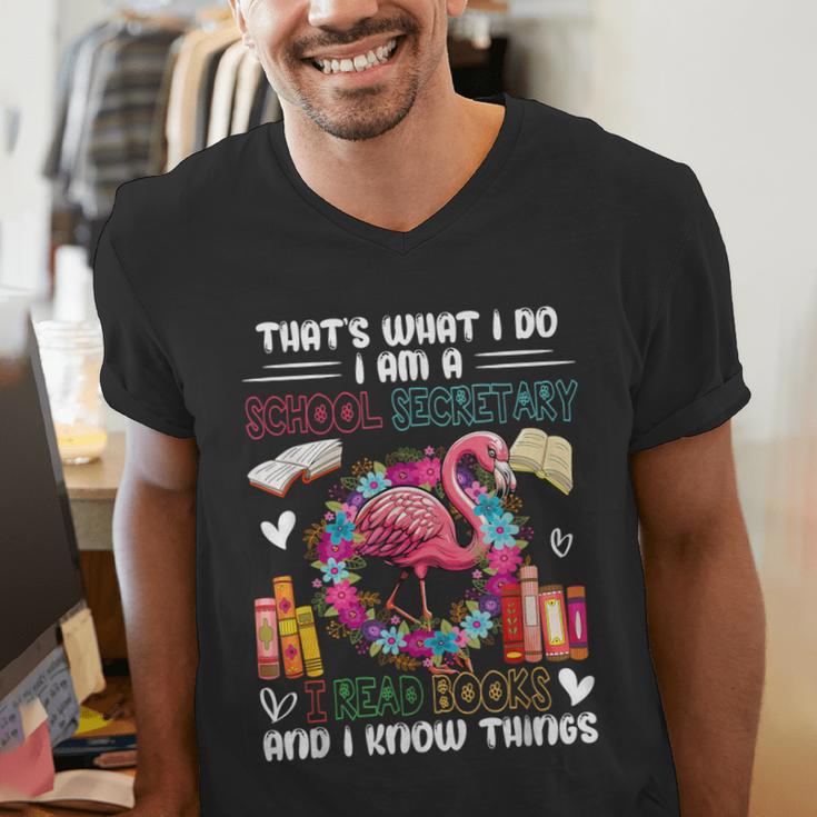 School Secretary Read Books And Know Things Flowers Flamingo Men's V-Neck T-Shirt