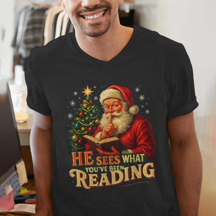 He Sees What You’Ve Been Reading Santa Book Lover Christmas Men's V-Neck T-Shirt He Sees What You’Ve Been Reading Santa Book Lover Christmas Men's V-Neck T-Shirt